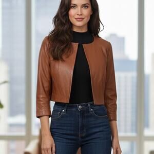 NWOT White Suede Jaqui Demkiw Australia Cognac Cropped Napa Leather Jacket 4/ XS